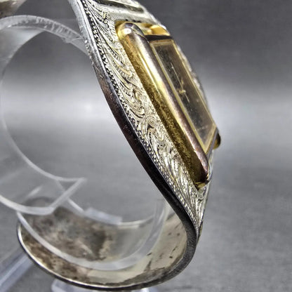 Montana Silversmiths Tank Watch Men 21mm Black Dial Gold Tone Cuff New Battery3