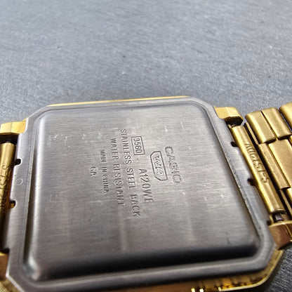 Casio A120WE Watch Men 33mm Gold Dial Gold Tone Alarm Chronograph New Battery9