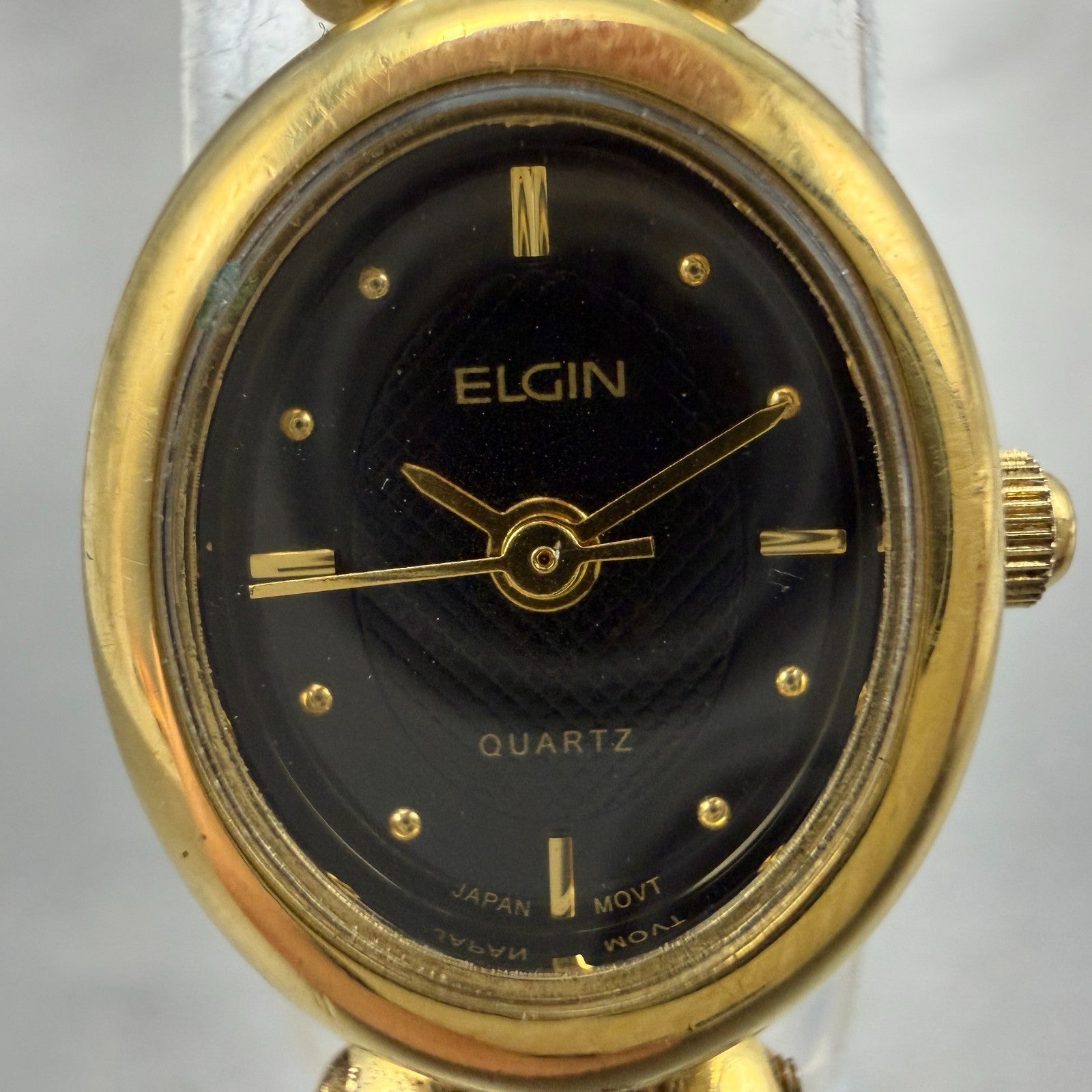 Elgin Watch Women 16mm Black Dial Gold Tone Oval ELB76-017 New Battery1