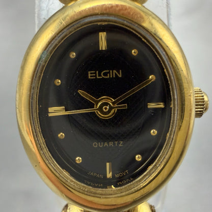 Elgin Watch Women 16mm Black Dial Gold Tone Oval ELB76-017 New Battery1