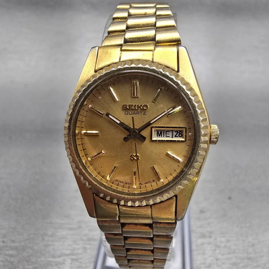 Seiko SQ Watch Women 24mm Gold Dial Gold Tone Daydate Round 3E23-0A60 New Batt0