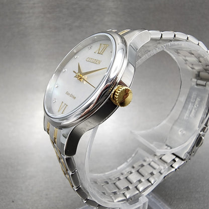 Citizen Eco-Drive Watch Women 31mm MOP Dial Two Tone Crystal Markers EM0894-50D