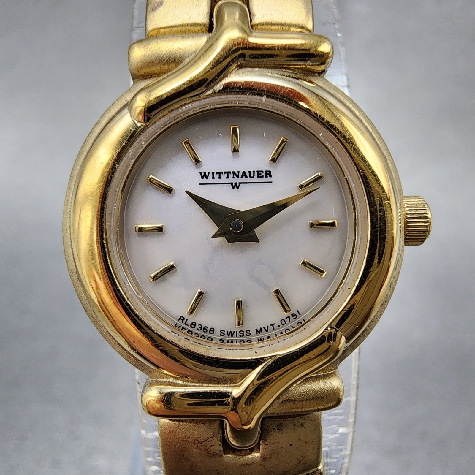 Wittnauer Watch Women 19mm MOP Dial Gold Tone Round RL8368 New Batttery1