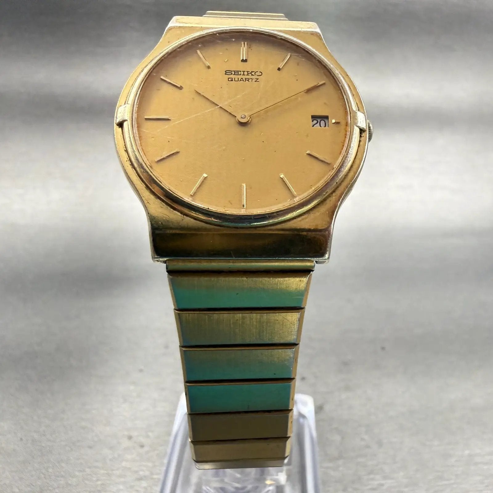 Seiko Watch Men 33mm Gold Dial Gold Tone Date Round 7439-7010 New Battery VTG5