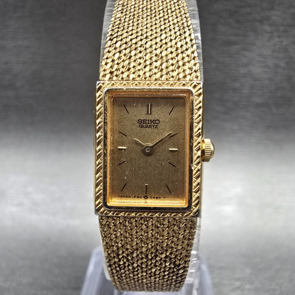 Seiko Watch Women 14mm Gold Dial Gold Tone Rectangle 1E20-5A59 New Battery0
