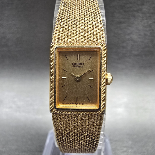 Seiko Watch Women 14mm Gold Dial Gold Tone Rectangle 1E20-5A59 New Battery0
