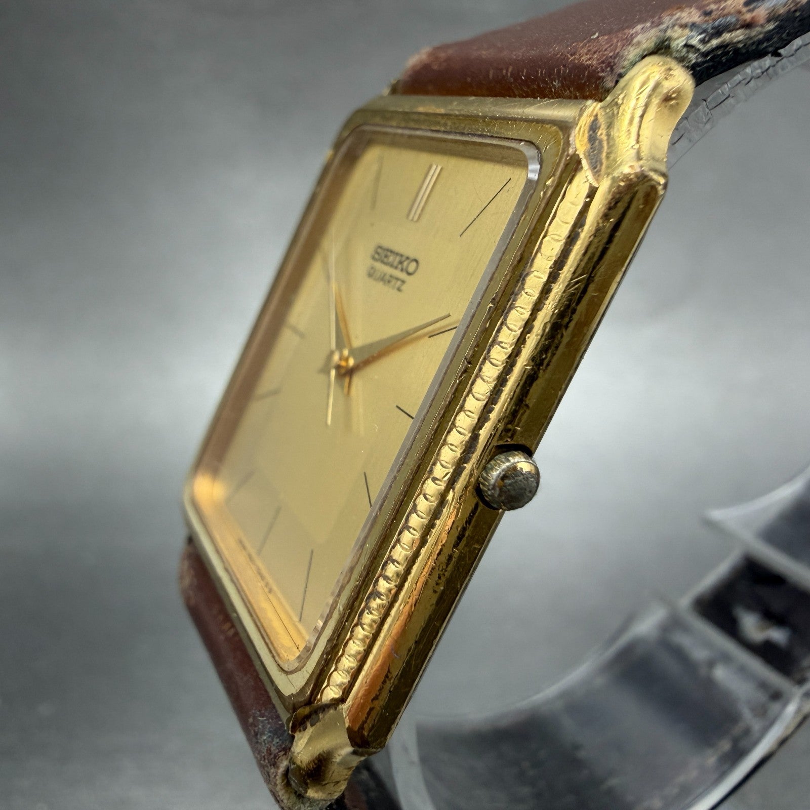 Seiko Tank Watch Men 27mm Champagne Dial Gold Tone 9521-5040 New Battery Vintage2
