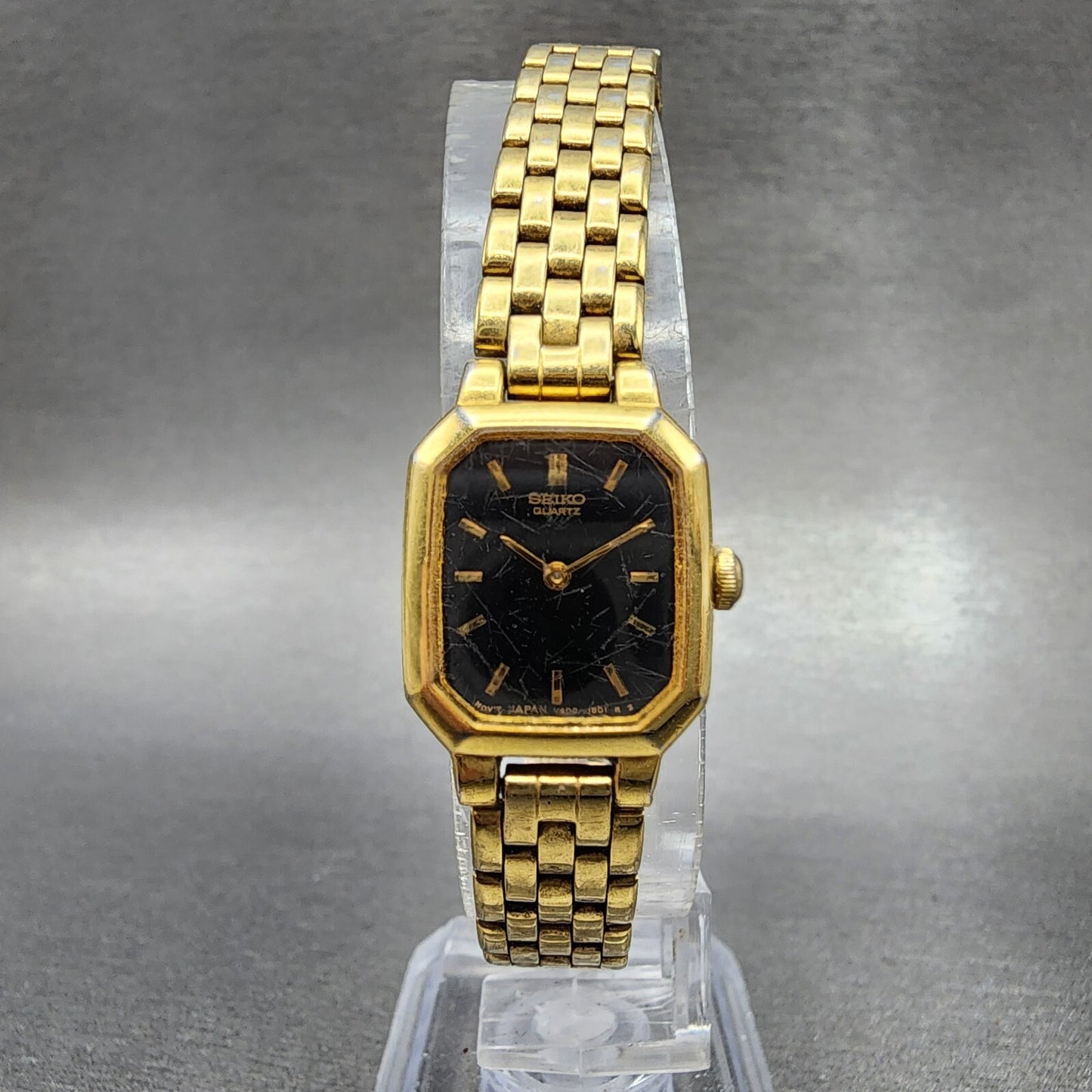 VTG Seiko Watch Women 17mm Black Dial Gold Tone Octagon V4005608 New Battery A14