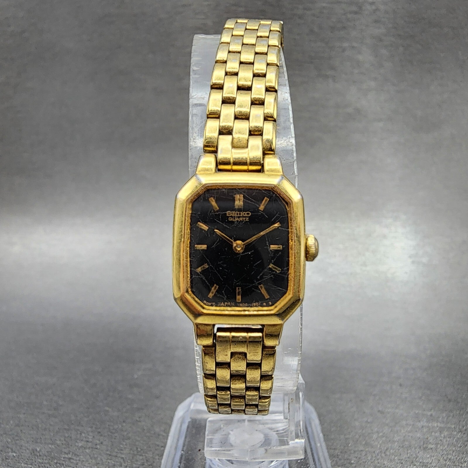 VTG Seiko Watch Women 17mm Black Dial Gold Tone Octagon V4005608 New Battery A14