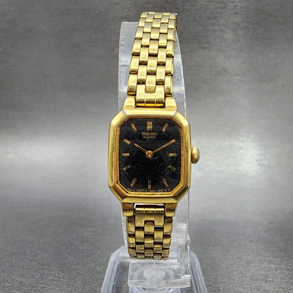 VTG Seiko Watch Women 17mm Black Dial Gold Tone Octagon V4005608 New Battery A14