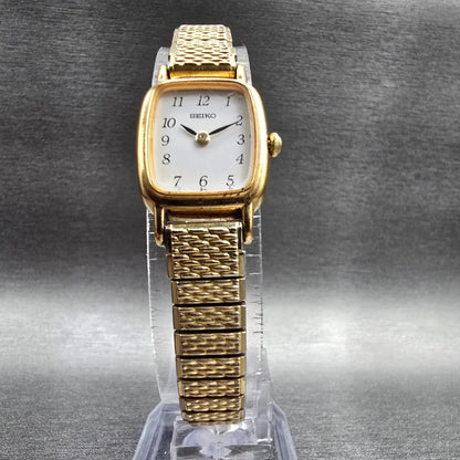 Seiko Watch Women 17mm White Dial Gold Tone Rectangle 1N00-5K29 New Battery JP5