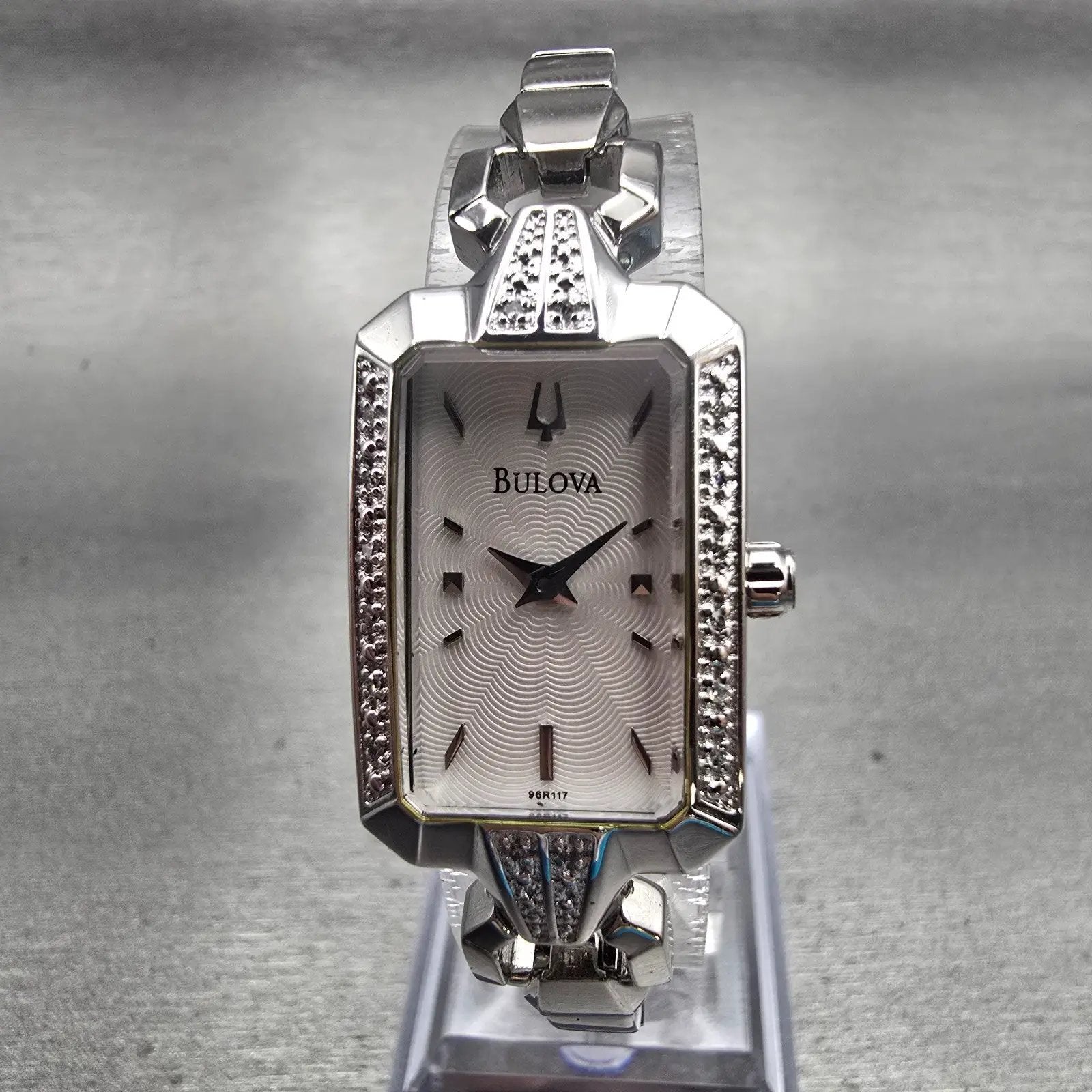 Bulova Watch Women 18mm White Dial Silver Tone Rectangle 96R117 New Bat Diamonds0