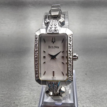 Bulova Watch Women 18mm White Dial Silver Tone Rectangle 96R117 New Bat Diamonds0