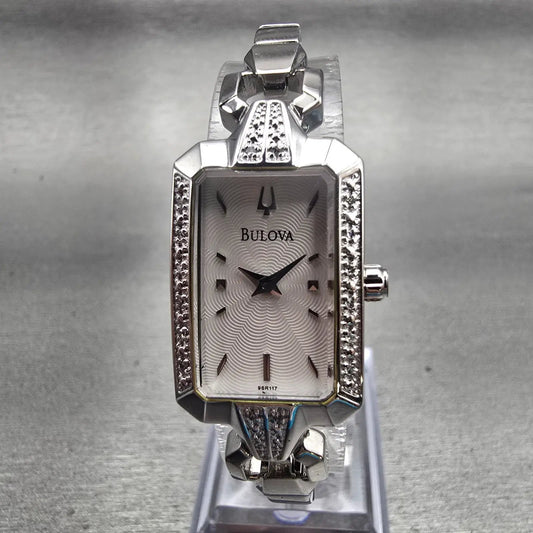 Bulova Watch Women 18mm White Dial Silver Tone Rectangle 96R117 New Bat Diamonds0