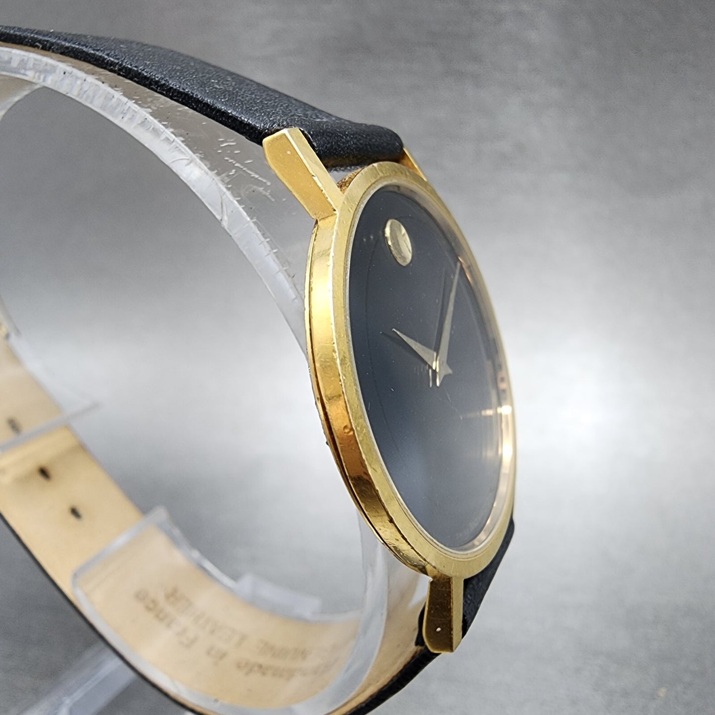 Movado Museum Watch Men 31mm Black Dial Gold Tone Leather Band 87 41 882 PARTS4