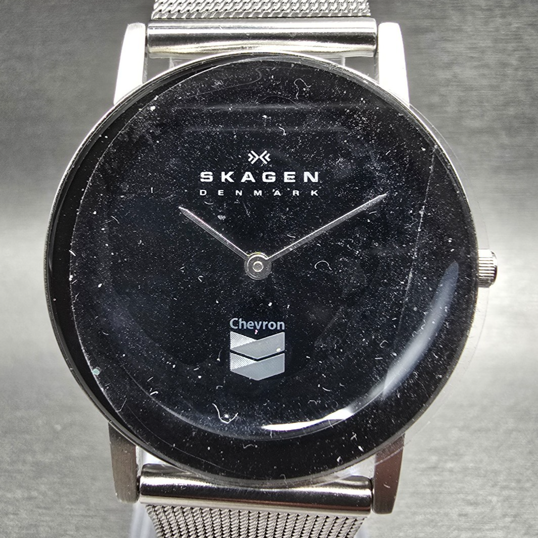 Skagen Chevron Watch Men 33mm Black Dial Silver Tone Round CHEV39LSSB New Batt1