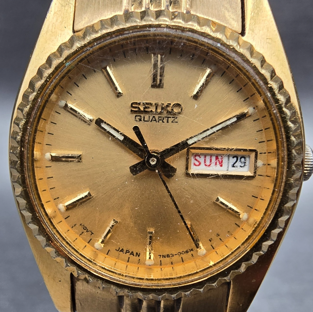Seiko Watch Women 23mm Gold Dial Gold Daydate Round 7N83-0041 New Battery JP1