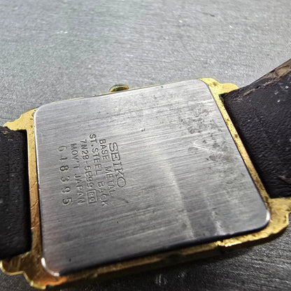 Seiko Tank Watch Men 26mm Silver Dial Gold Tone Date Rectangle 7N29-5B99 PARTS10