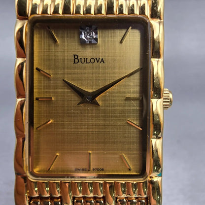 Bulova Watch Men 23mm Gold Dial Gold Tone Diamond Rectangle 97D05 New Battery1