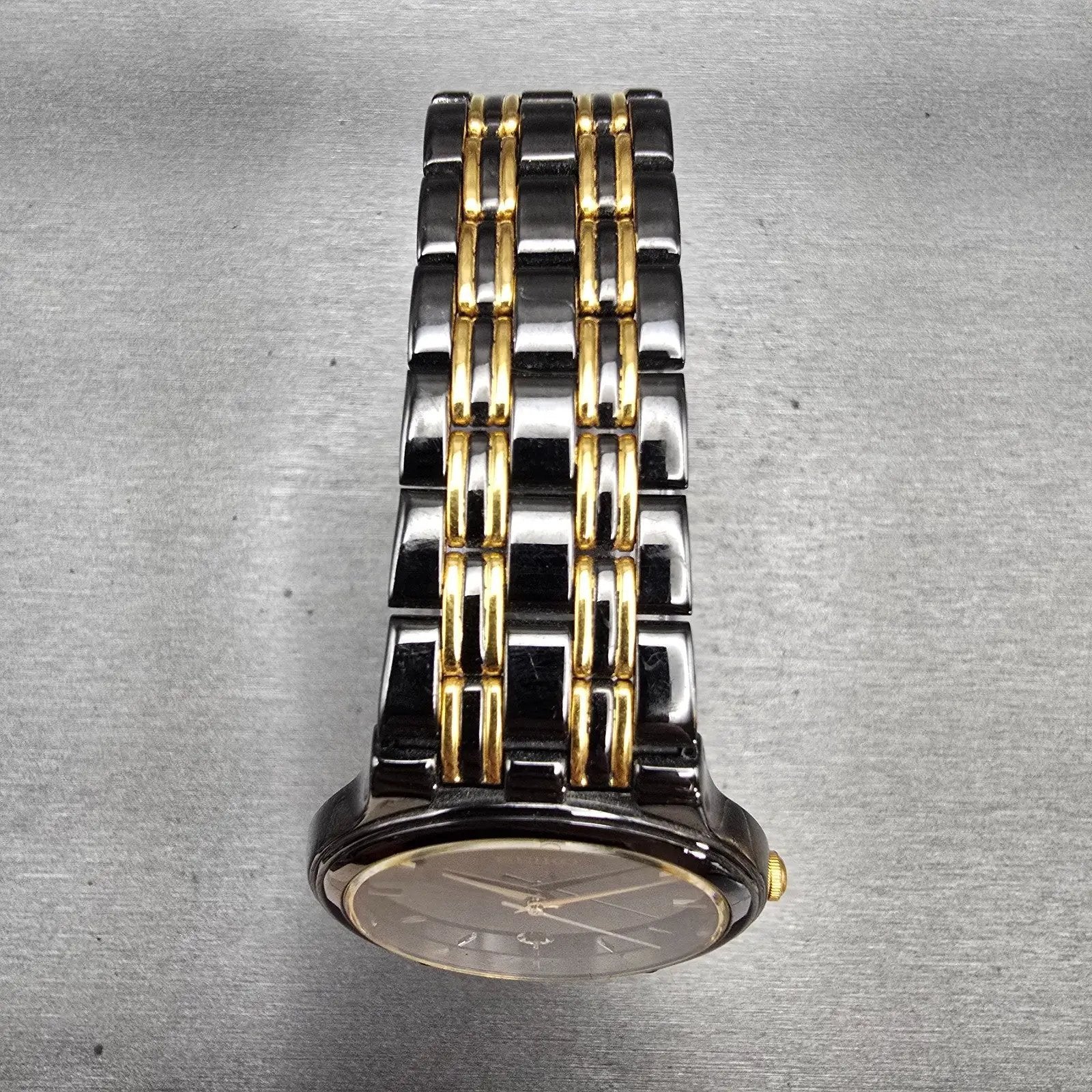 Seiko Watch Men 34mm Black Dial Black &Gold Date Round 7N22-7041 New Battery VTG4
