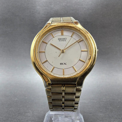 Seiko SX Watch Men 34mm White Dial Gold Tone Round V701-6K00 READ!!! PARTS6