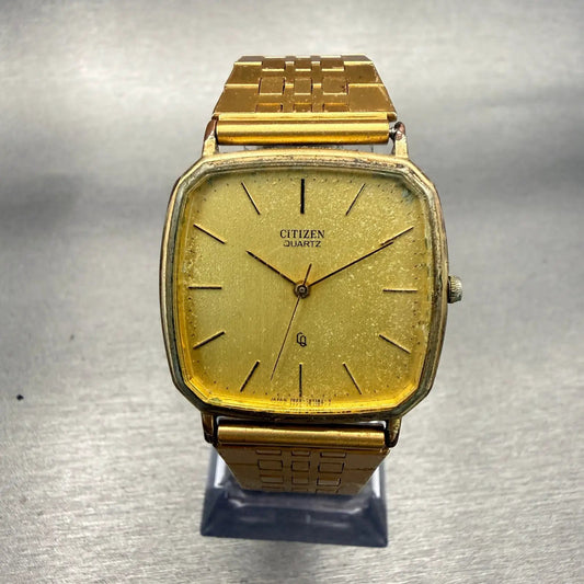 Citizen CQ Watch Men 30mm Gold Dial Gold Tone Rectangle 7923 Vintage New Battery0