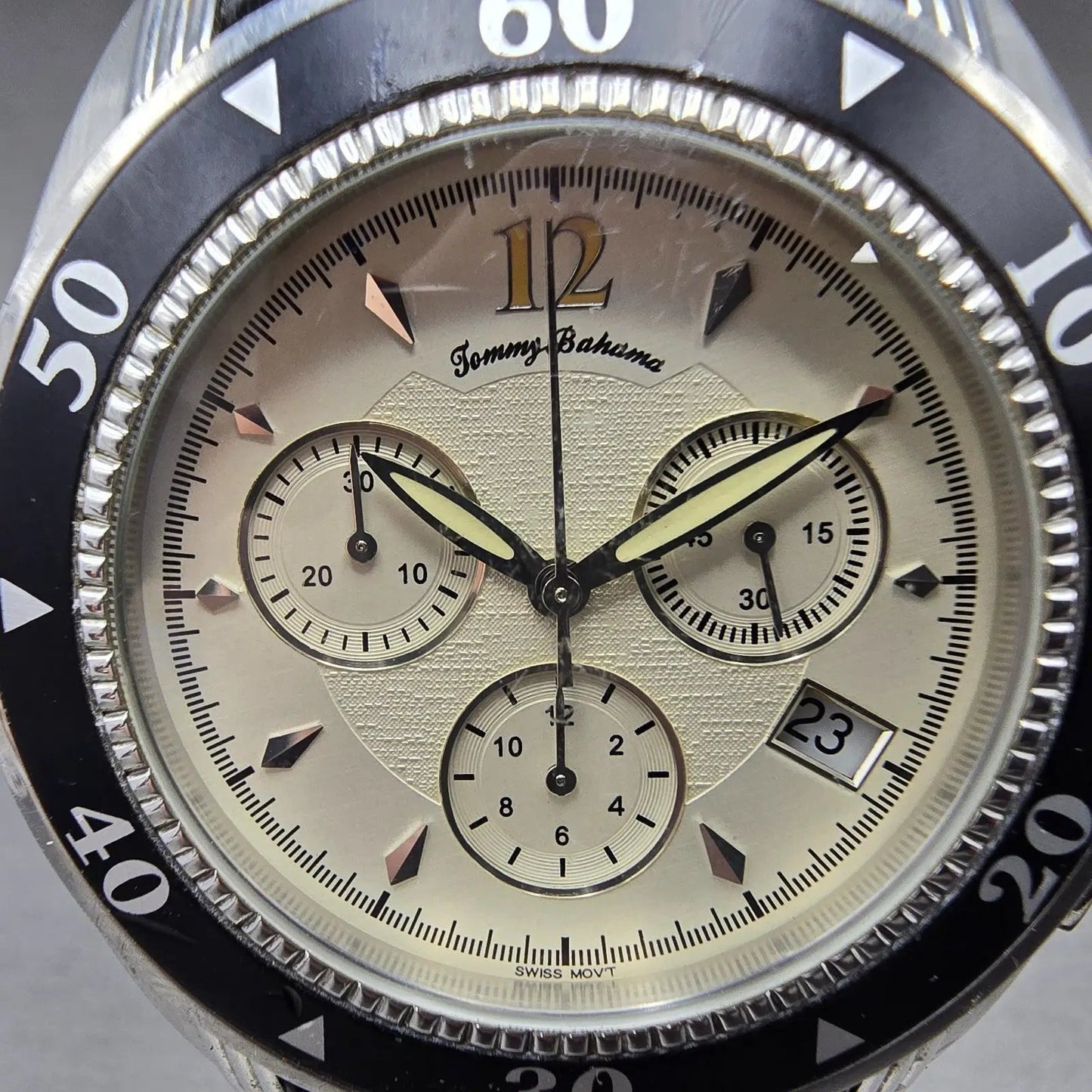 Tommy Bahama Chronograph Watch Men 42mm Cream Dial Steel Date TB1104 New Batt1
