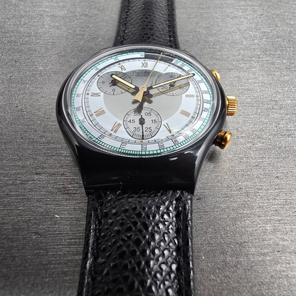 Swatch Chrono Colossal Watch Men 38mm Silver Dial Black Case SCB109 New Batt NOS6