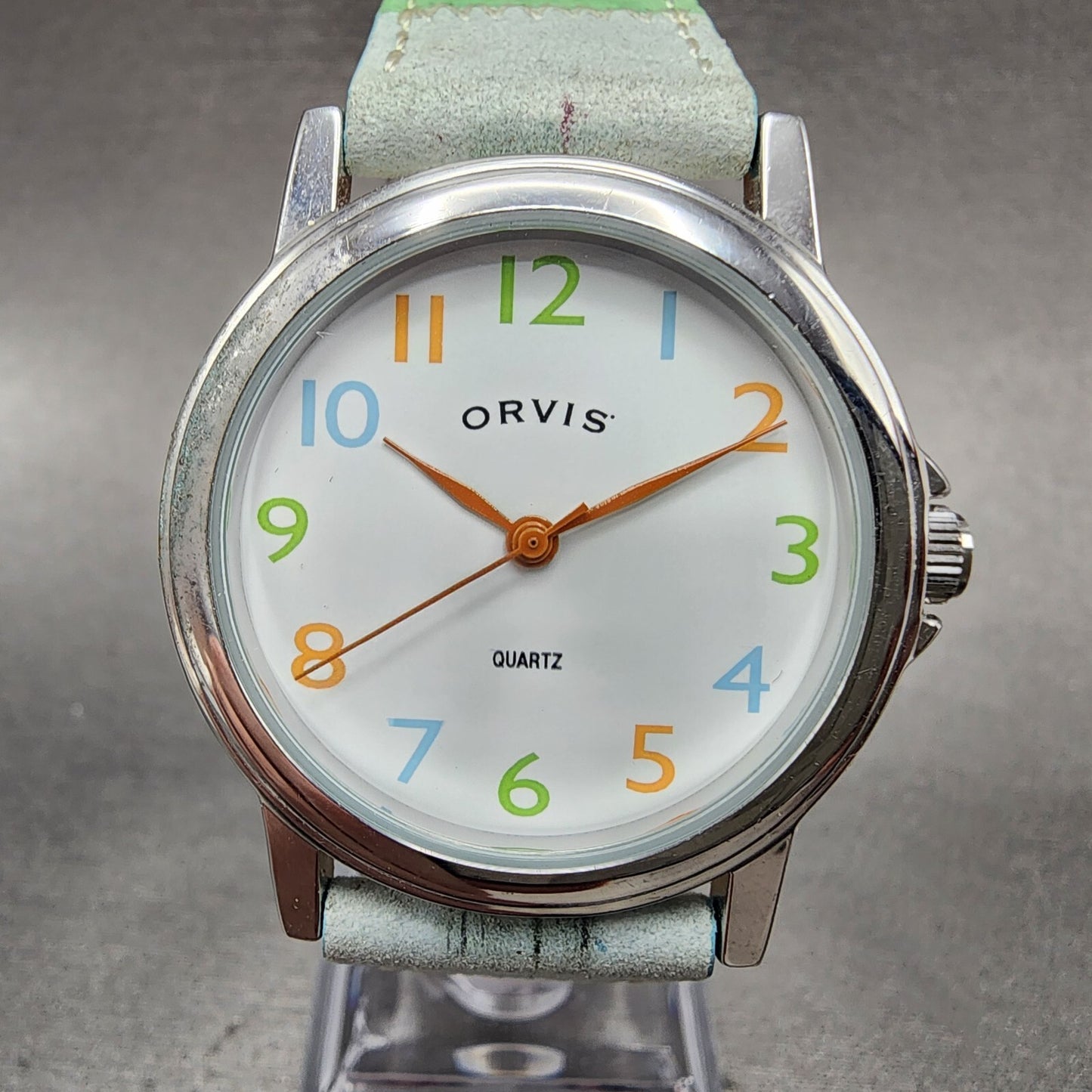 Orvis Watch Women 34mm White Dial Silver Tone Round Rainbow Band New Battery0
