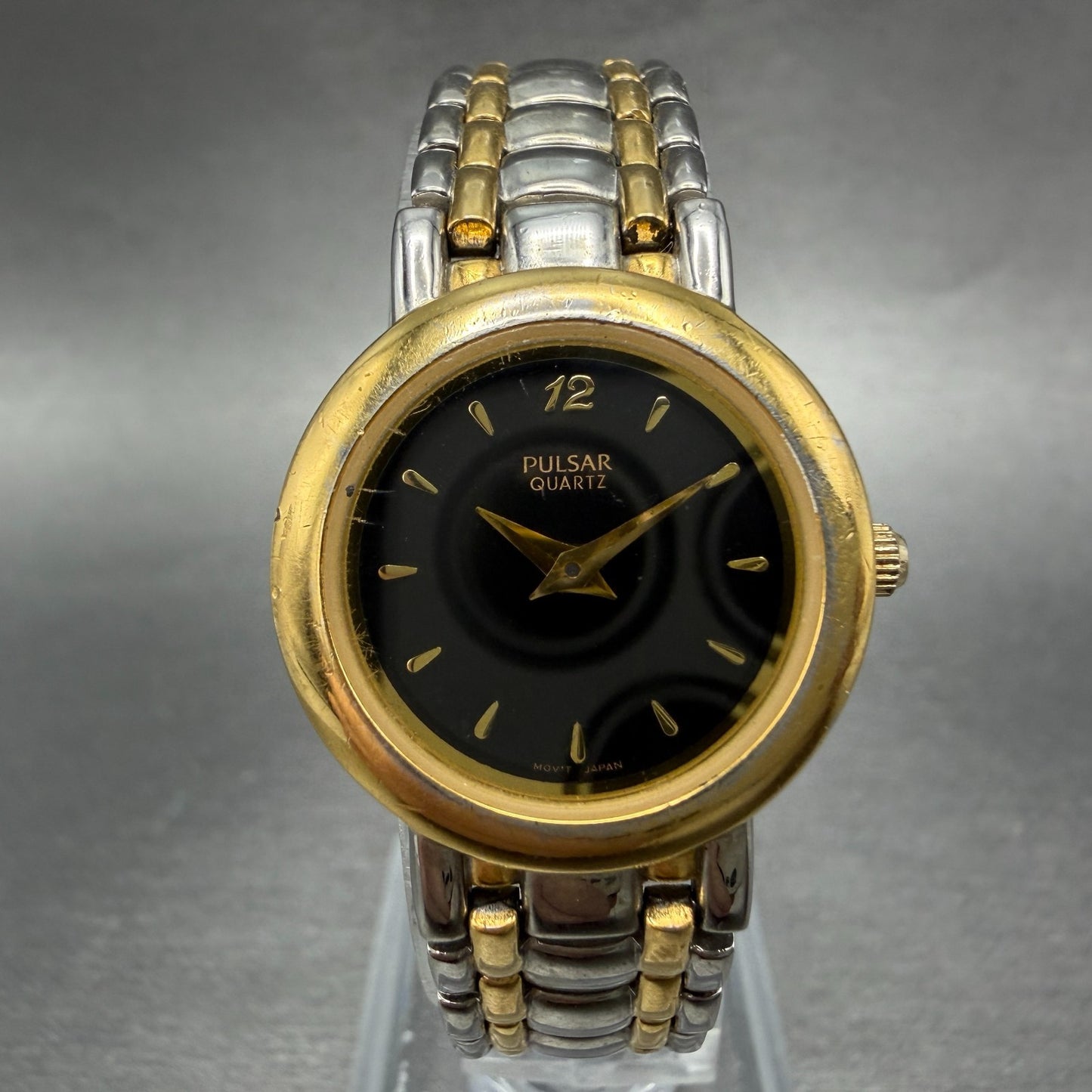 Seiko Pulsar Watch Women 24mm Black Dial Two Tone Round V700-X019 New Battery0
