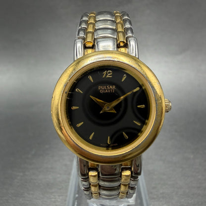 Seiko Pulsar Watch Women 24mm Black Dial Two Tone Round V700-X019 New Battery0