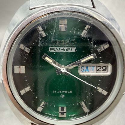 Seiko 5 Actus Watch Men 37mm Green Dial Silver Tone Daydate 7019-7350 Runs VTG1