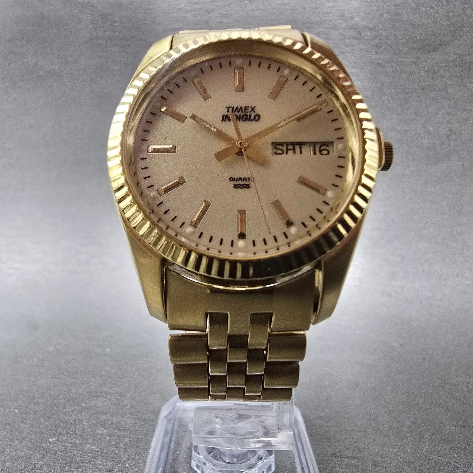 Timex President Watch Men 35mm Chamapgne Dial Gold Tone Daydate READ!!! New Batt6