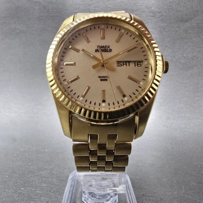 Timex President Watch Men 35mm Chamapgne Dial Gold Tone Daydate READ!!! New Batt6
