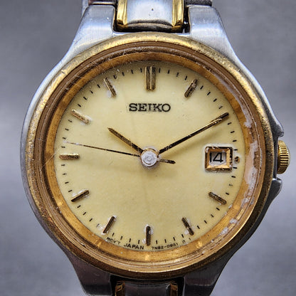 Seiko Watch Women 26mm Champagne Dial Two Tone Date 7n820419 New Battery1