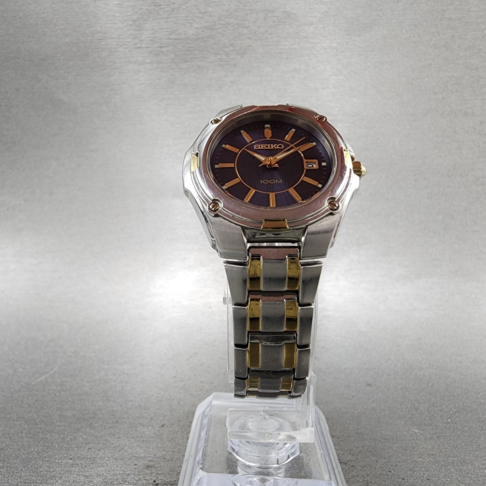 Seiko 100M Watch Women 28mm Blue Dial Two Tone Date Round 7n820fh0 New Battery5