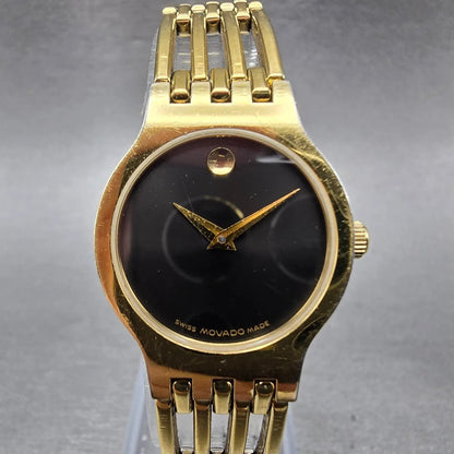 Movado Esperanza Watch Women 23mm Black Dial Gold Tone Round 88 A1 182 New BattL0