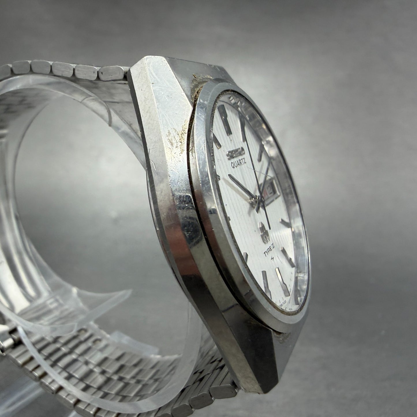 Seiko Type II Watch Men 35mm Silver Dial Silver Tone Daydate 7123-8100 New Batt33