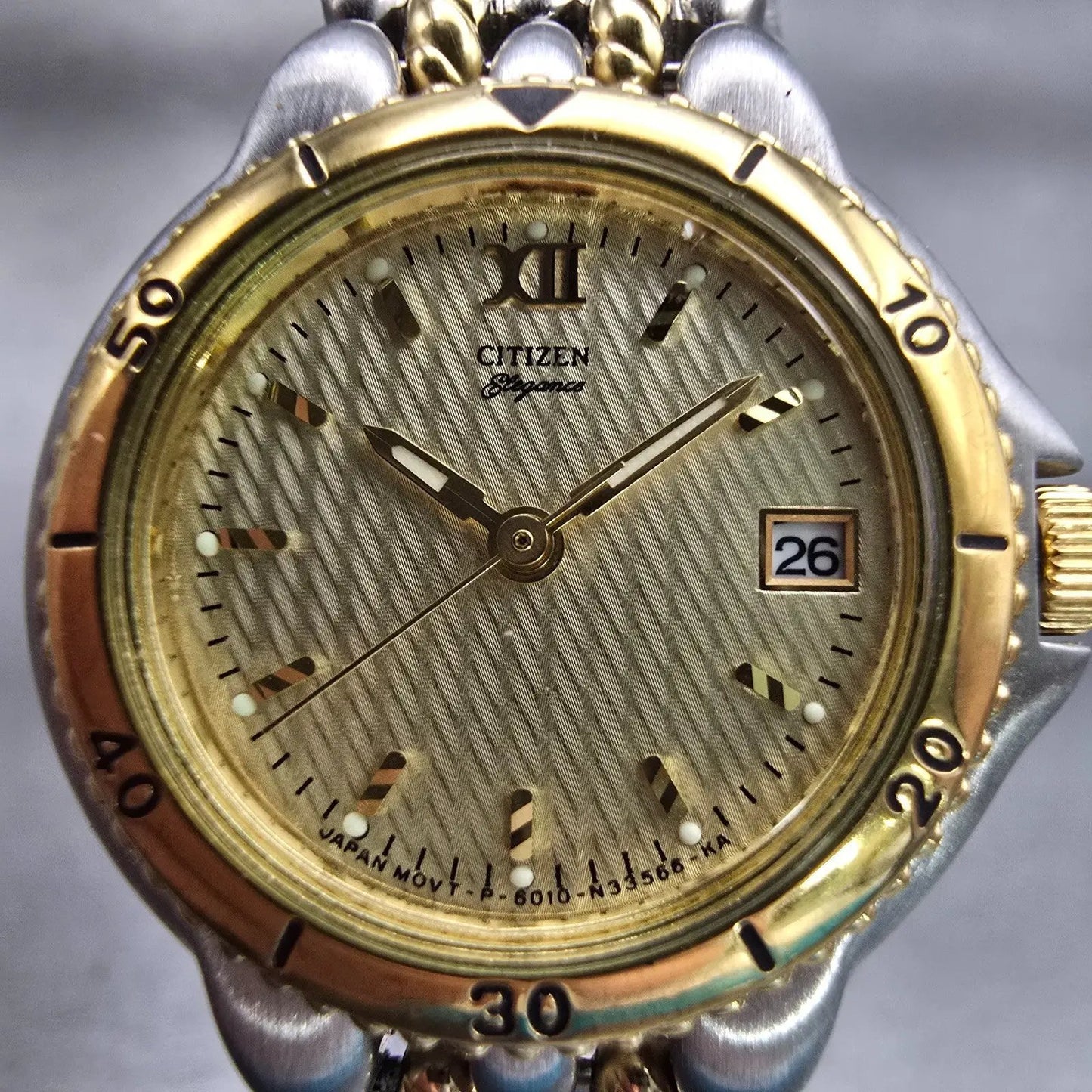 Citizen Elegance Watch Women 26mm Gold Dial Two Tone Date 6010-S45491 New Batt1