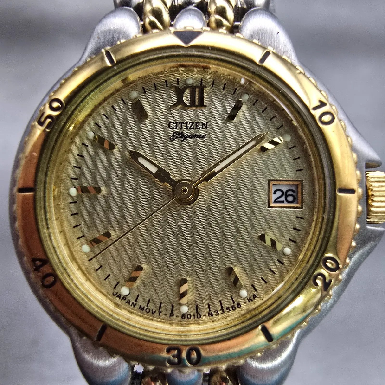 Citizen Elegance Watch Women 26mm Gold Dial Two Tone Date 6010-S45491 New Batt1