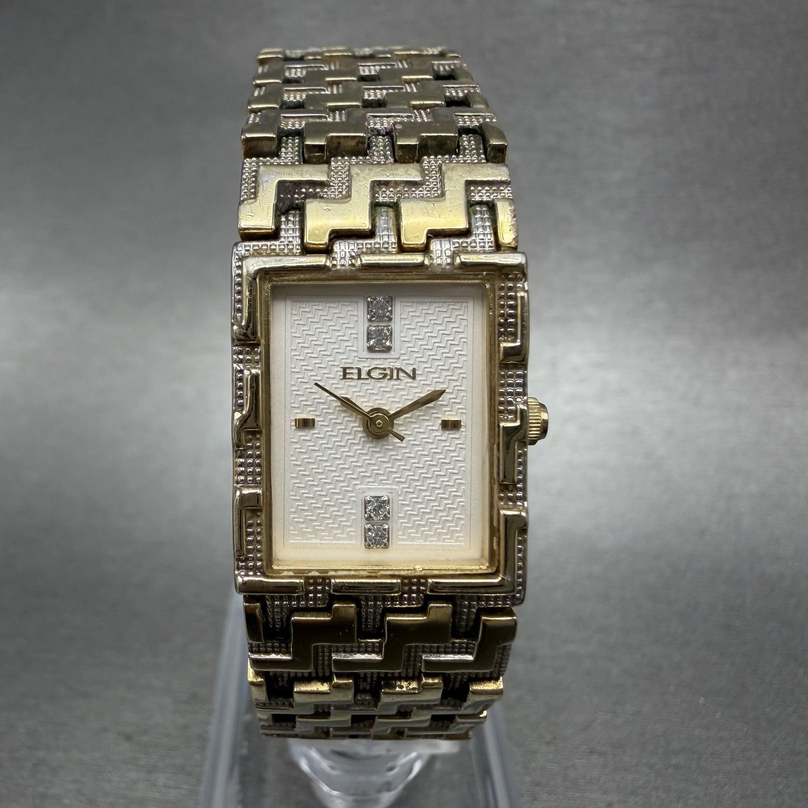 Elgin Tank Watch Women 17mm White Dial Gold Tone Rectangle New Battery0