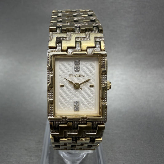 Elgin Tank Watch Women 17mm White Dial Gold Tone Rectangle New Battery0