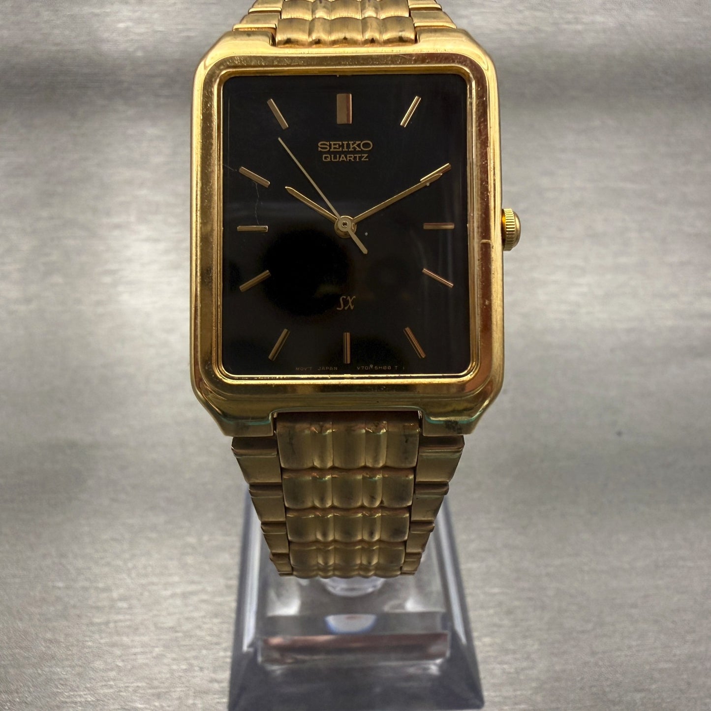 Seiko SX Watch Men 26mm Black Dial Gold Tone Rectangle V701-5J00 New Battery5