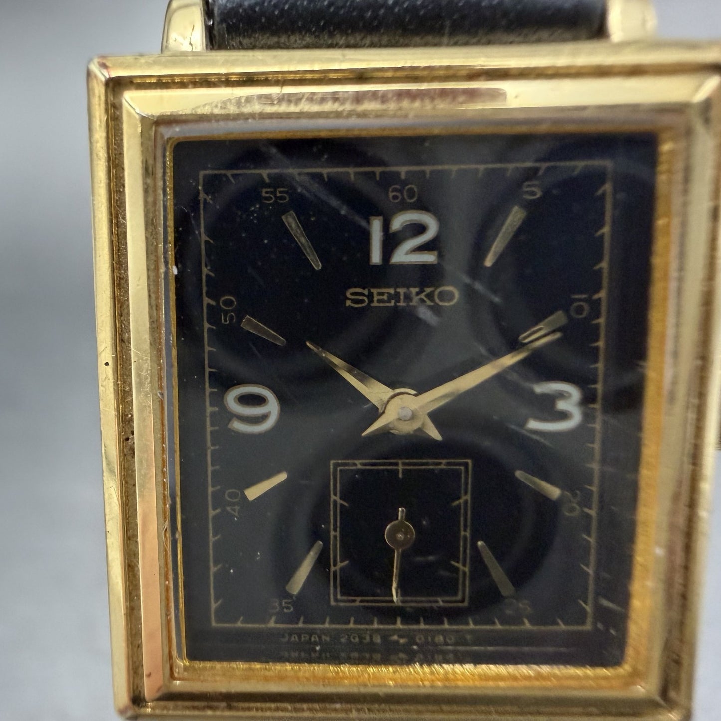 Seiko Tank Watch Women 20mm Black Dial Gold Tone Small Seconds 2G38-5060 New Bat1