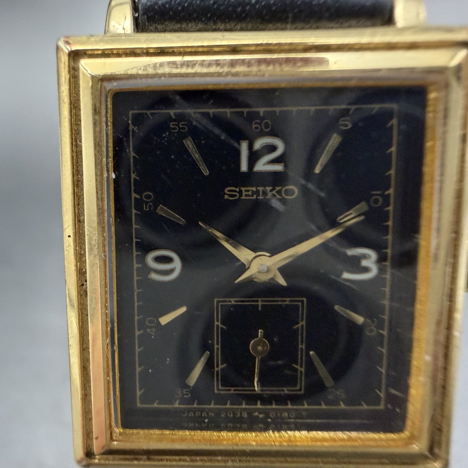 Seiko Tank Watch Women 20mm Black Dial Gold Tone Small Seconds 2G38-5060 New Bat1