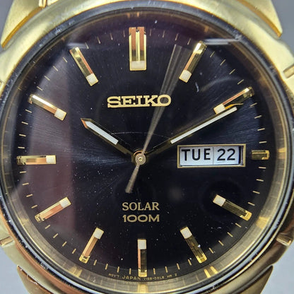 Seiko Solar Watch Men 39mm Black Dial Gold Tone Daydate Round V158-0AD0 Runs HBJ1