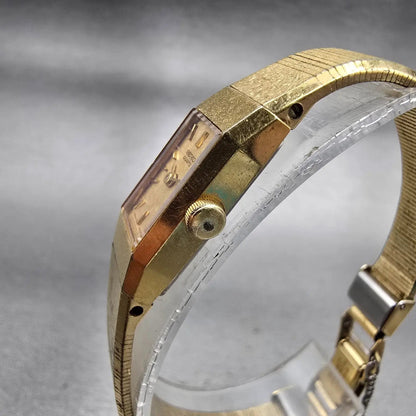 Seiko Watch Women 12mm Gold Dial Gold Tone Rectangle 1320-5049 New Battery VTG2