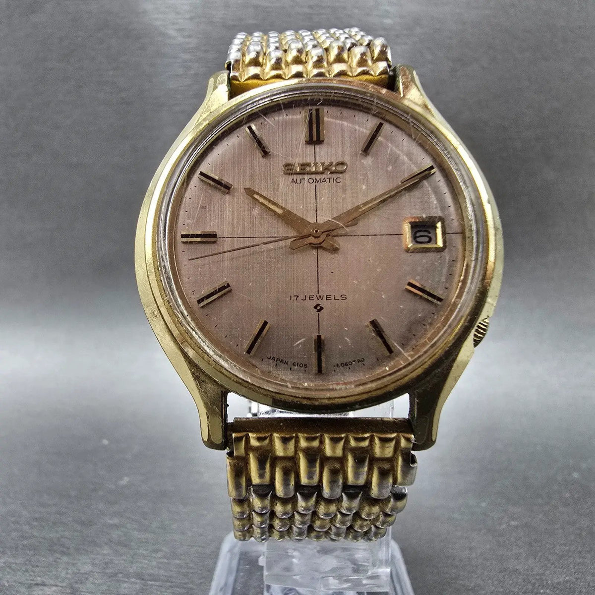 Seiko Automatic Watch Men 37mm Champange Dial Gold Date Round 6105-8069 Works5