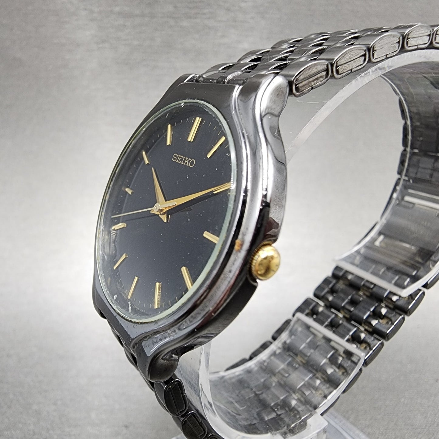 Seiko Watch Men 34mm Black Dial Black Tone Round v7011k20 New Battery2