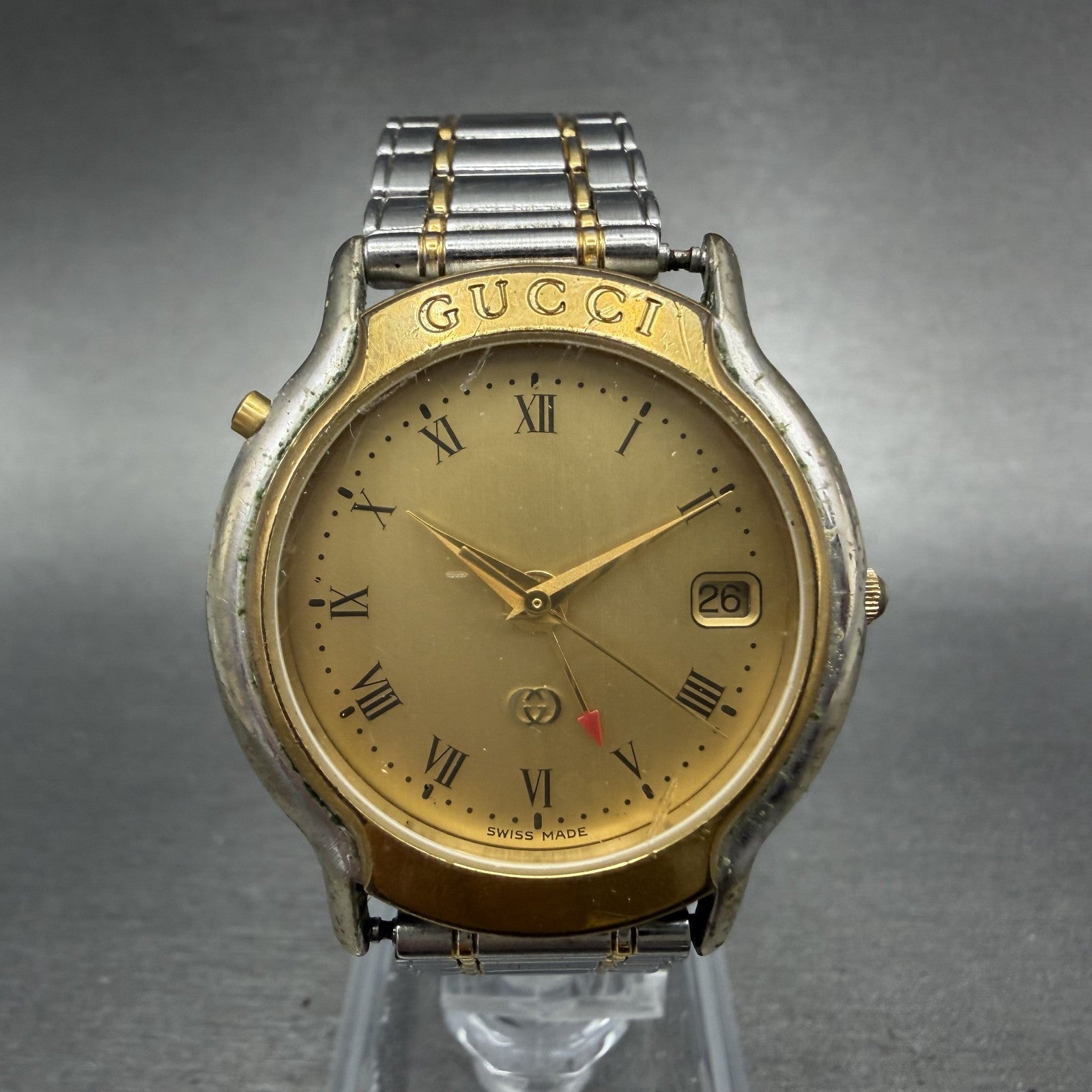 Gucci Mondiale GMT Watch Men 33mm Gold Dial Two Tone Date Round READ!!!! New Bat0